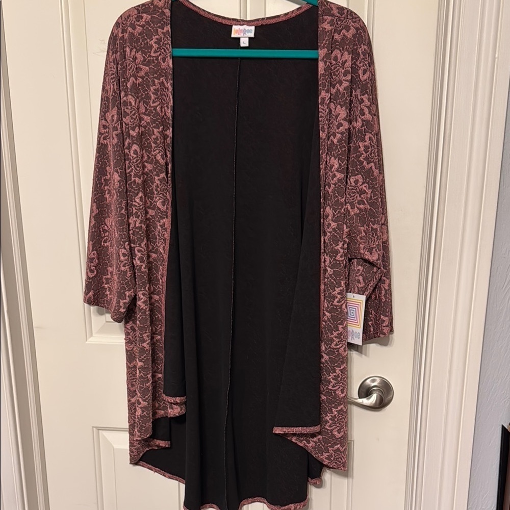 NWT LuLaroe Lindsey Kimono Embroidered Pink and Black Floral Cardigan Sz Large